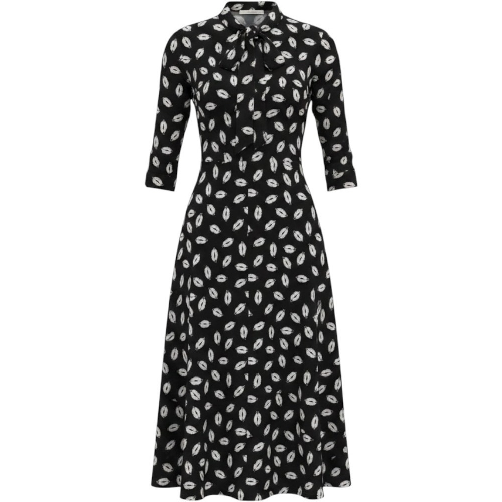 BURU Black White Lip Print Tie Neck Midi Dress Button Front 3/4 Sleeve XS S